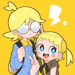  1boy 1girl ahoge bag blonde_hair blue_eyes blush_stickers brother_and_sister child citron_(pokemon) eureka_(pokemon) frown glasses jumpsuit moyori opaque_glasses open_mouth pokemon pokemon_(game) ponytail siblings side_ponytail simple_background smile standing v yellow_background 