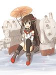  :d blush brown_eyes brown_hair cannon kantai_collection long_hair looking_at_viewer mashayuki open_mouth oriental_umbrella pleated_skirt ponytail sitting skirt smile solo thighhighs turret umbrella very_long_hair yamato_(kantai_collection) zettai_ryouiki 
