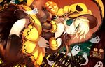  1girl :p black_legwear blonde_hair blue_eyes blush breasts cleavage elf female ghost green_eyes halloween hat jack-o&#039;-lantern jack-o'-lantern midriff original parasol pointy_ears pumpkin sakaki_(noi-gren) short_hair sign skirt solo thighhighs tongue tongue_out trick_or_treat umbrella 