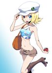  alternate_costume alternate_hair_color alternate_hair_length alternate_hairstyle bag bare_shoulders blonde_hair blue_eyes blush boots breasts crop_top halter_top halterneck hat heelys knee_boots maru_(sara_duke) messenger_bag midriff navel open_mouth poke_ball pokemon pokemon_(game) pokemon_xy serena_(pokemon) short_hair shorts shoulder_bag small_breasts smile solo 