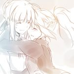  ahoge artoria_pendragon_(all) blush braid closed_eyes fate/apocrypha fate/stay_night fate_(series) french_braid hair_bun hair_ribbon hug monochrome mordred_(fate) mordred_(fate)_(all) mother_and_daughter multiple_girls ponytail ribbon saber scrunchie sketch sweatdrop tusia 