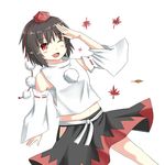  absurdres bad_id bad_pixiv_id black_hair blush blush_stickers cosplay detached_sleeves dutch_angle hat highres inubashiri_momiji inubashiri_momiji_(cosplay) leaf looking_at_viewer maple_leaf midriff navel one_eye_closed open_mouth oruhuru pointy_ears pom_pom_(clothes) red_eyes salute sarashi shameimaru_aya short_hair simple_background skirt slit_pupils smile solo tokin_hat touhou white_background 