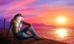 alcohol anarchyzeroes anthro beverage canine dock jocarra male mammal solo sunset topless 