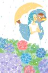  1girl bird blue_hair carue dress duck flower hydrangea nefertari_vivi one_piece ponytail princess rain shueisha smile umbrella white_dress 