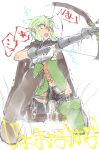  1girl arm_up arrow bangs belt black_bow black_footwear black_gloves black_panties blush boots bow bow_(weapon) brown_cape brown_shorts buruburu_(pixiv13613746) cape elf eyebrows_visible_through_hair female full_body gloves goblin_slayer! green_eyes green_hair green_legwear hair_bow hand_up high_elf_archer_(goblin_slayer!) holding japanese_text knee_boots kneeling matching_hair/eyes motion_lines nose_blush open_mouth outstretched_arm panties peeing peeing_self pointy_ears puddle short_shorts shorts shorts_pull simple_background solo speech_bubble steam sweat teeth text_focus thighhighs translation_request underwear weapon white_background 