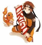  brown_eyes brown_hair charmander cosplay forehead_protector gen_1_pokemon male_focus naruto naruto_(series) pokemon pokemon:_the_origin pokemon_(creature) red_(pokemon) red_(pokemon_frlg) scroll seiyuu_connection smile takeuchi_junko tanisakiho uzumaki_naruto uzumaki_naruto_(cosplay) 