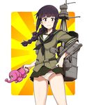  :3 black_hair bowieknife braid brown_eyes elephant hair_over_shoulder hand_on_hip kantai_collection kitakami_(kantai_collection) long_hair looking_at_viewer machinery panties single_braid solo themed_object torpedo underwear watering_can white_panties 