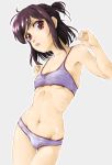  1girl :o ass_visible_through_thighs bangs bra breasts brown_hair commentary_request cowboy_shot grey_background half_updo head_tilt highres looking_at_viewer marutaya navel open_mouth original panties purple_bra purple_panties red_eyes short_hair simple_background small_breasts solo standing thigh_gap training_bra underwear underwear_only w_arms 