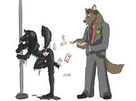  anthro avian beak bird biting_lip black_nose blue_jay canine duo mammal money necktie oil pole political_cartoon pound_note rml robin_(rml) stripper stripper_pole suit 