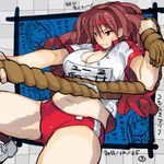  breasts brown_hair buruma cleavage gym_uniform large_breasts long_hair matsuri_(teriyaki) navel original plump red_eyes rope solo teriyaki 