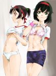  2girls :o arm_behind_back bangs bike_shorts black_hair bow bow_bra bra breasts closed_mouth commentary_request cowboy_shot frilled_bra frills green_eyes gym_shirt gym_uniform highres lifted_by_self looking_at_viewer marutaya multiple_girls navel no_pants original panties parted_lips pink_bra red_eyes red_headband ribs shirt shirt_lift short_hair short_ponytail short_sleeves small_breasts smile standing thighs underwear white_panties white_shirt 