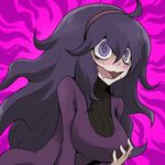  @_@ ahoge alternate_breast_size bags_under_eyes blush breast_hold breasts crazy_eyes hairband hex_maniac_(pokemon) large_breasts long_hair messy_hair open_mouth oro_(zetsubou_girl) pale_skin pokemon pokemon_(game) pokemon_xy purple_eyes purple_hair solo sweater 