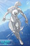  aeromorph aircraft airship big_breasts blue_sky breasts english_text female green_eyes living_aircraft looking_at_viewer no_nipples not_furry nude smile solo text walter_sache 