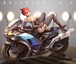  bare_shoulders gen_6_pokemon ground_vehicle highres lipstick litleo makeup md5_mismatch motor_vehicle motorcycle personification pokemon red_eyes red_hair ryushin solo thighhighs 