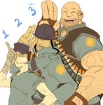  3boys bad_id bad_pixiv_id bald bandaged_hands bandages bandolier blue_eyes closed_eyes covered_eyes explosive fingerless_gloves gloves grenade hat hat_over_eyes headset height_difference helmet helmet_over_eyes male_focus middle_finger multiple_boys muscle open_mouth simple_background team_fortress_2 the_heavy the_scout the_soldier white_background 