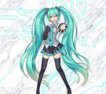  1girl 2d aqua_eyes aqua_hair boots detached_sleeves female foreshortening gradient_hair hair_ornament hatsune_miku headset long_hair looking_at_viewer multicolored_hair necktie official_art open_mouth pleated_skirt skirt solo standing straight_hair thigh_boots thighhighs tie twintails very_long_hair vocaloid zettai_ryouiki 