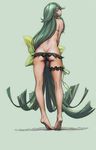  ass back barefoot bikini black_bikini dirty_feet feet from_behind full_body gatchaman_crowds green_background green_eyes green_hair highres leg_garter long_hair looking_at_viewer looking_back pandarou ribbon simple_background solo standing swimsuit tiptoes utsutsu very_long_hair 