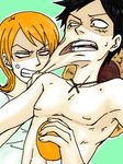  1boy 1girl angry black_eyes black_hair duo evil_eyes female food fruit male monkey_d_luffy muscle nami nami_(one_piece) nipples one_piece orange orange_hair rubber shirtless stretch teardrop topless torture 