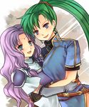  armor belt blue_eyes earrings ferroniere fingerless_gloves fire_emblem fire_emblem:_rekka_no_ken florina gloves green_hair hair_tubes hug jewelry kariu long_hair lyndis_(fire_emblem) multiple_girls open_mouth ponytail purple_eyes purple_hair shoulder_pads wavy_hair 