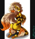  abstract_background anthro arcanine blue_eyes breasts butt canine female fluffy_tail hindpaw kneeling looking_at_viewer looking_back mammal nintendo nude pawpads paws plantigrade pok&#233;mon pok&eacute;mon smile soles solo toes vexstacy video_games 