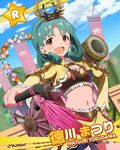  :d armor brown_eyes character_name green_hair hair_ornament idolmaster idolmaster_million_live! japanese_clothes looking_at_viewer navel official_art open_mouth smile tokugawa_matsuri v-shaped_eyebrows 