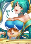  1girl animated animated_gif bare_shoulders bouncing_breasts breast_rest breasts chan_qi_(fireworkhouse) harp huge_breasts instrument league_of_legends looking_at_viewer musical_note simple_background sona_buvelle teemo white_background 