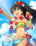  aqua_sarong artist_request bandeau bikini black_hair blue_eyes breasts earrings fang flower flower_bracelet flower_necklace ganaha_hibiki hair_flower hair_ornament hair_ribbon hibiscus high_ponytail idolmaster idolmaster_(classic) idolmaster_cinderella_girls jewelry jpeg_artifacts lei long_hair medium_breasts midriff navel necklace official_art open_mouth ponytail print_sarong ribbon sarong side-tie_bikini smile solo star strapless swimsuit 