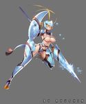  armor breasts brown_hair clauncher gen_6_pokemon helmet highres lance large_breasts personification pokemon polearm ryushin shield solo thighhighs underboob weapon yellow_eyes 