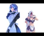  alternate_costume android apron bespectacled blush breasts cleavage dark_skin enmaided glasses gloves hand_on_hip kos-mos kos-mos_ver._3 large_breasts letterboxed maid maid_headdress midriff multiple_girls negresco t-elos trembling wavy_mouth xenosaga 