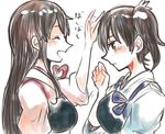  akagi_(kantai_collection) brown_eyes brown_hair itomugi-kun kaga_(kantai_collection) kantai_collection long_hair multiple_girls muneate patting side_ponytail white_background 