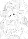  breasts character_name greyscale hat large_breasts lilith_(yamibou) long_hair monochrome peko sketch smile solo witch_hat yami_to_boushi_to_hon_no_tabibito 