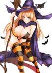  bad_id bad_pixiv_id bat blonde_hair blue_eyes breasts cleavage hat highres large_breasts long_hair minamon_(vittel221) original simple_background solo staff striped striped_legwear thighhighs white_background witch_hat 