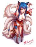  ahri animal_ears blue_hair boots braid breasts chan_qi_(fireworkhouse) cleavage dated fox_ears fox_tail highres large_breasts league_of_legends legs long_hair looking_at_viewer multiple_tails nyan paw_pose shadow signature simple_background single_braid smile tail teemo very_long_hair white_background yellow_eyes 