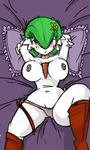  big_breasts blush boots breasts commoddity ear_piercing female gardevoir green_hair grey_nipples hair looking_at_viewer lying nintendo nipples on_back piercing pillow pok&#233;mon pok&eacute;mon pussy solo topless video_games 