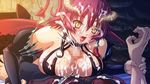  1boy 1girl breasts censored cum cum_on_body cum_on_breasts cum_on_upper_body demon_girl game_cg horns kyonyuu_fantasy large_breasts overflow paizuri penis red_hair sex shamsiel succubus waffle wings yellow_eyes 