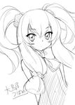  akihabara_dennou_gumi arms_behind_back blush character_name greyscale long_hair looking_at_viewer monochrome ootorii_tsubame peko simple_background sketch solo white_background 