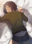  bad_id bad_pixiv_id black_hair bob_cut command_spell crying crying_with_eyes_open fate/zero fate_(series) green_eyes makkiowata male_focus on_bed shorts solo tears waver_velvet 