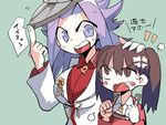  anger_vein breasts brown_eyes brown_hair hand_on_another's_head jun'you_(kantai_collection) kantai_collection large_breasts long_hair military military_uniform multiple_girls purple_hair ryuujou_(kantai_collection) tera translated twintails uniform 