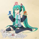  absurdres artist_name blue_eyes blue_hair boots character_name chibi chibi_on_head detached_sleeves green_eyes green_hair hands_on_hips hatsune_miku headset highres long_hair multiple_girls necktie on_head paper sakura_miku scissors sitting skirt thigh_boots thighhighs tweezers twintails twt very_long_hair vocaloid wariza yuki_miku 