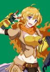  1girl blonde_hair breasts bullet cleavage erect_nipples female fingerless_gloves gloves green_background intes large_breasts long_hair macross macross_frontier midriff navel open_mouth parody purple_eyes rwby scarf smile style_parody yang_xiao_long 