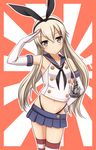  anchor black_panties blonde_hair blush elbow_gloves eyebrows_visible_through_hair gloves hairband hand_on_hip highres kantai_collection ki_(kk-sk-ray) long_hair looking_at_viewer navel panties sailor_collar salute shimakaze_(kantai_collection) skirt solo striped striped_legwear thighhighs underwear very_long_hair white_gloves 