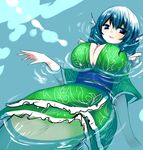  afloat aqua_hair blue_eyes breasts cleavage frills green han_(jackpot) huge_breasts japanese_clothes kimono looking_at_viewer solo touhou wakasagihime water wet 