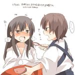  akagi_(kantai_collection) bad_id bad_twitter_id black_eyes bowl brown_hair kaga_(kantai_collection) kantai_collection long_hair lowres multiple_girls open_mouth porridge rebecca_(keinelove) short_hair side_ponytail spoon sweat 