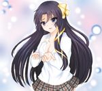  black_hair breasts cleavage kotone_(19931003) kurugaya_yuiko little_busters! long_hair purple_eyes ribbon school_uniform 