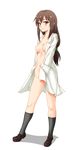  blush boku_wa_tomodachi_ga_sukunai breasts brown_eyes brown_hair hands_in_pockets kesuida labcoat long_hair medium_breasts naked_labcoat naked_shirt open_clothes pussy shiguma_rika shirt simple_background smile solo tsurime white_background 