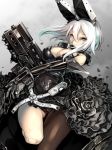  bare_shoulders black_dress black_gloves black_legwear breasts cleavage covered_navel dress elbow_gloves elphelt_valentine erect_nipples girls_frontline gloves gluteal_fold guilty_gear gun highres large_breasts looking_at_viewer solo usuki_(graygreed) weapon white_hair yellow_eyes 
