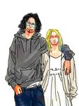  1girl alternate_costume bespectacled black_hair blonde_hair blue-framed_glasses denim dress empire_waist glasses hand_in_pocket hood hoodie jeans kaya_(one_piece) one_piece overshirt pants red-framed_glasses simple_background usopp white_background white_dress 