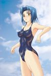  blue_hair blush bodypaint breasts cloud day kesuida medium_breasts naked_paint nipples nude original painted_clothes short_hair sky solo yellow_eyes 