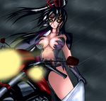  1girl armor black_hair black_sclera breasts color crossover katana kousaka_shigure large_breasts motor_vehicle motorcycle photoshop ponytail ribbon shijou_saikyou_no_deshi_ken&#039;ichi shijou_saikyou_no_deshi_ken'ichi solo sword vehicle weapon witchblade yellow_eyes 