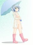  blue_hair blush breasts kesuida naked_shirt nipples original pointy_ears shirt short_hair small_breasts smile solo umbrella 